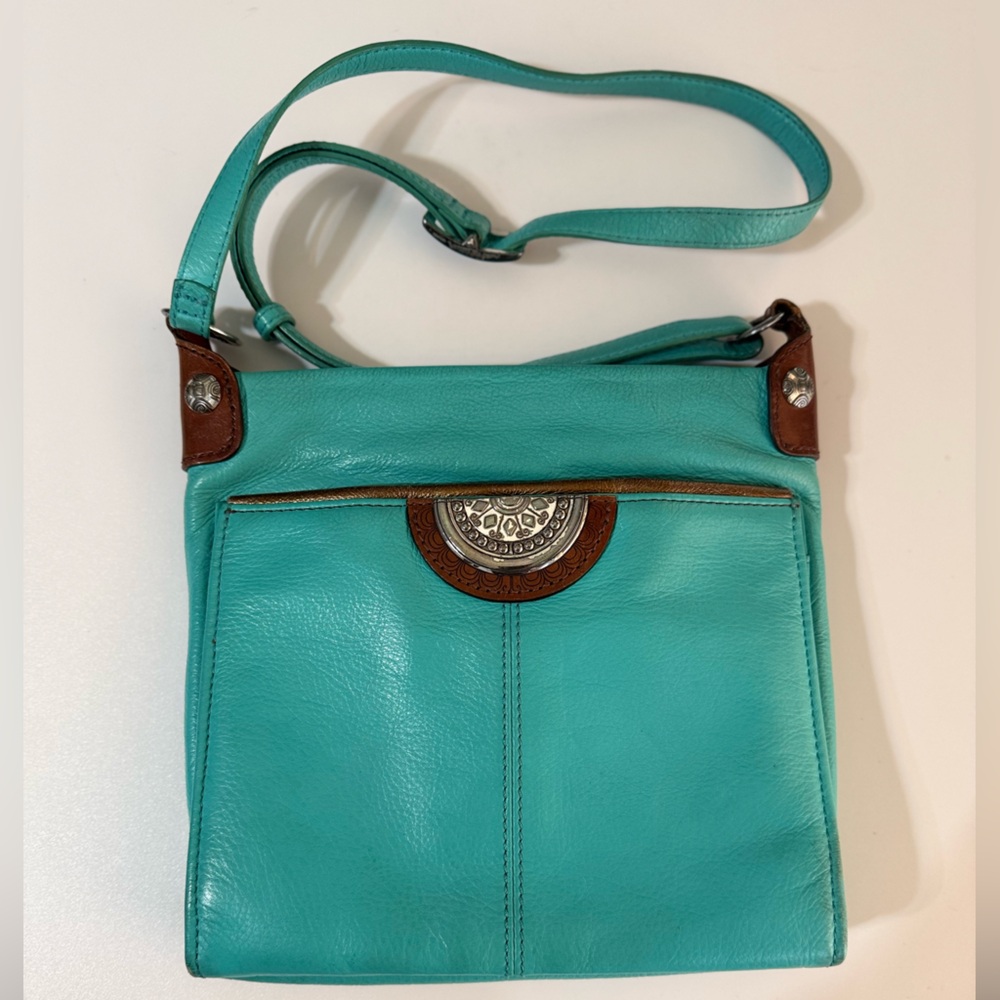Brighton Turquoise Leather Crossbody Bag with Silver Concho Accent